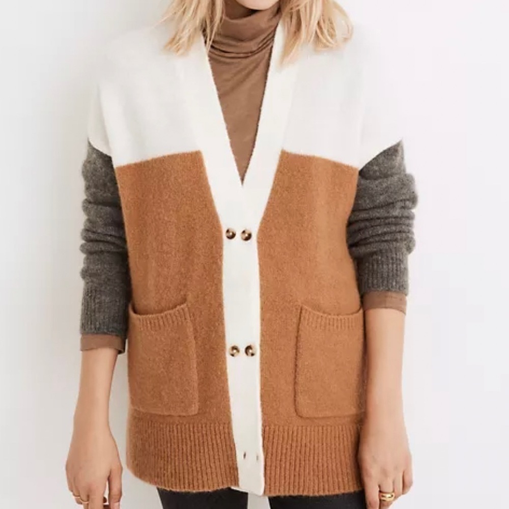 MADEWELL ALLSTON OFF-WHITE BROWN GRAY COLORBLOCK CARDIGAN SWEATER WOMENS SZ XXS
